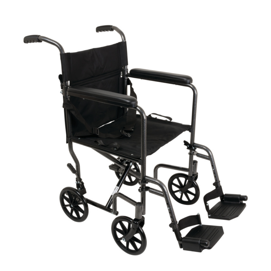 The ProBasics Steel Folding Transport Chair is a lightweight wheelchair with four small wheels, armrests, swing-away footrests, and rear handles for pushing.